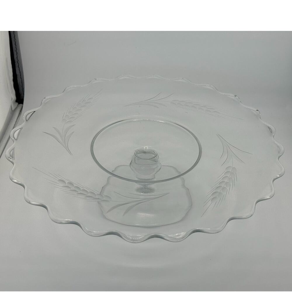 Vintage Clear Glass Cake Stand Scalloped Edge Wheat Etched Pedestal‎ Cake Plate